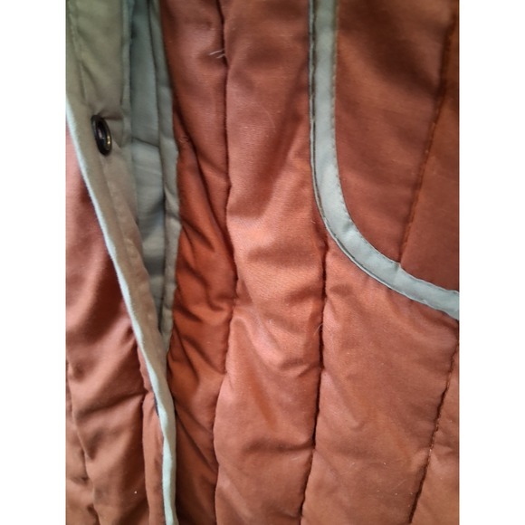 Vintage Womens Coat XL Cream Orange Quilted Puffer Hooded Long Duster Cottage - Picture 8 of 12